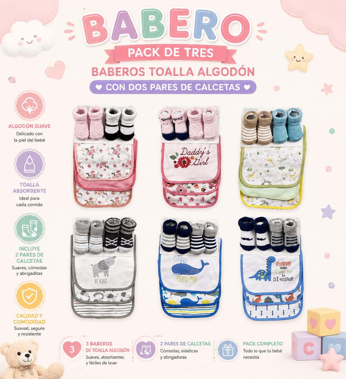 Set 3 baberos + dos calcetas