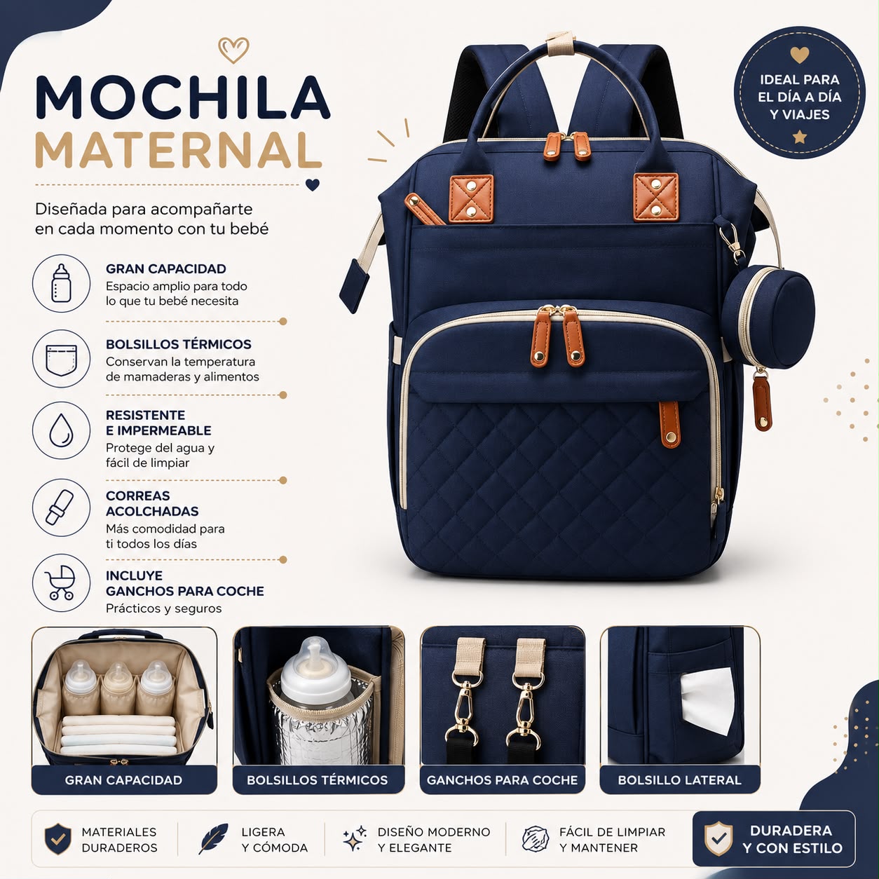 Mochila maternal + puerto USB y monedero color azul marino