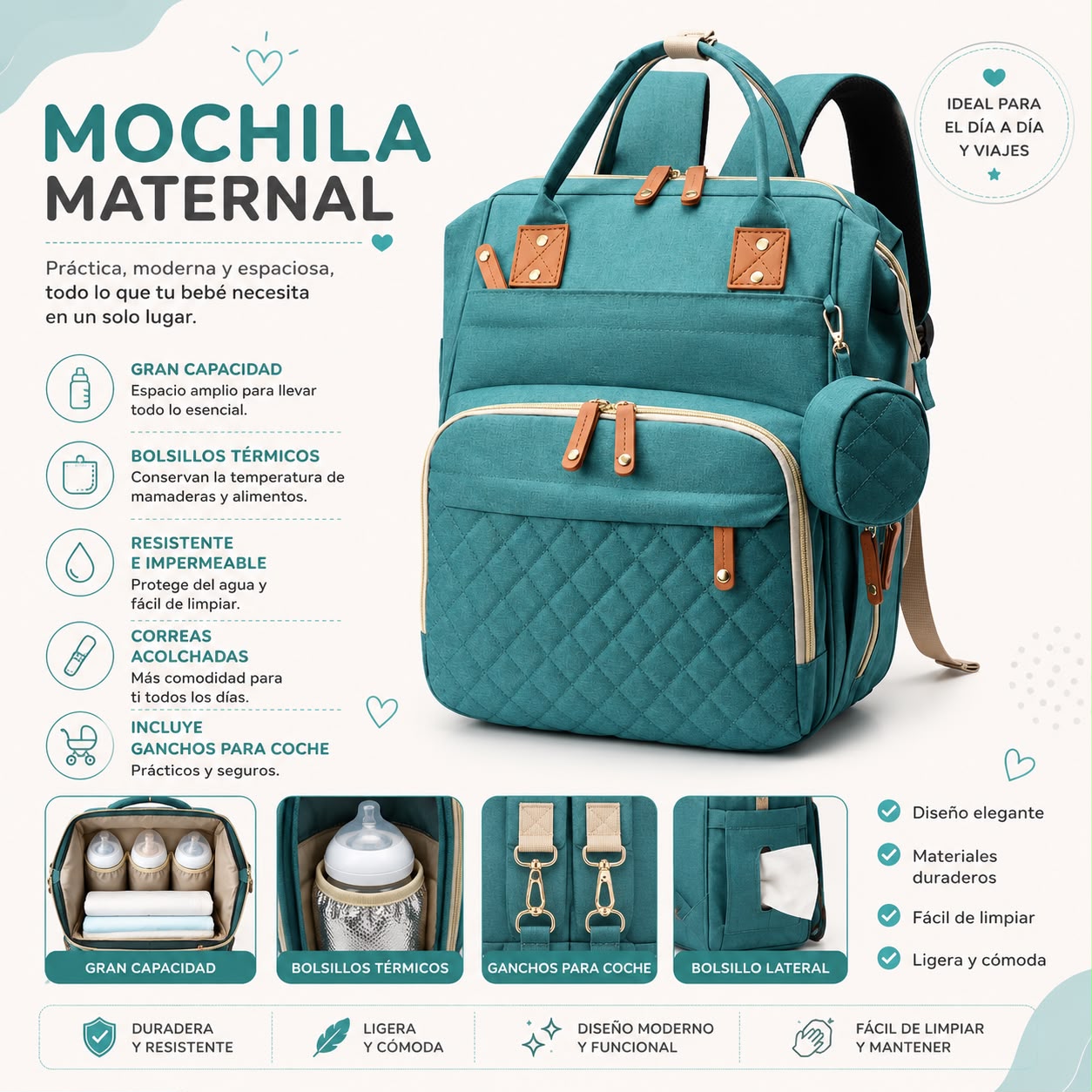 Mochila maternal + puerto USB y monedero color verde jade