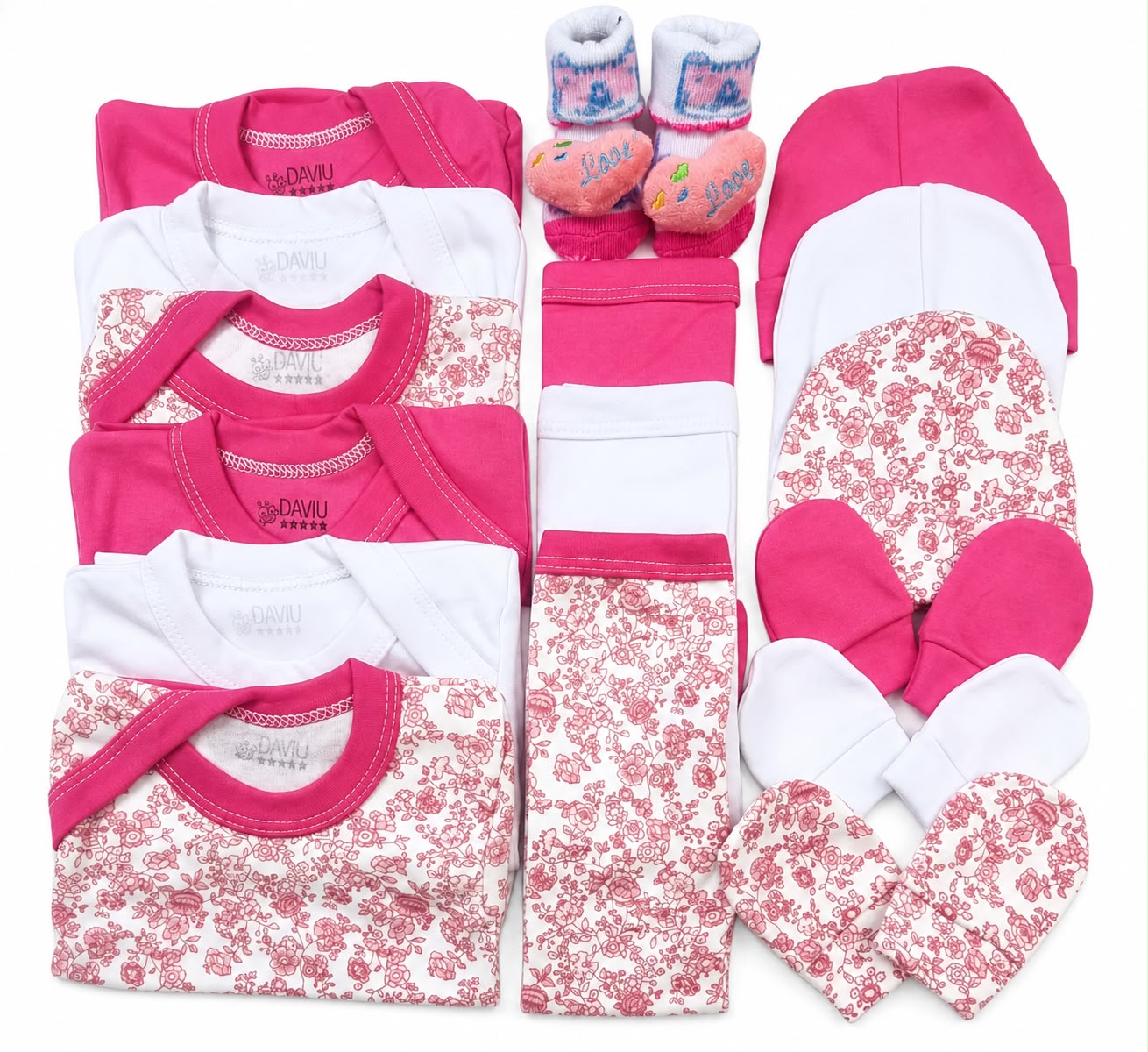 Set Ajuar Nacimiento Bebé Algodón Hipoalergenico flor Fucsia