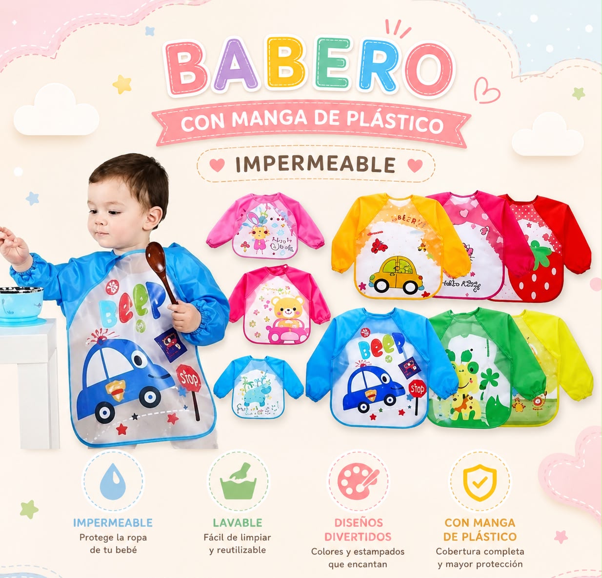 Set de 3 Baberos Manga Larga impermeable