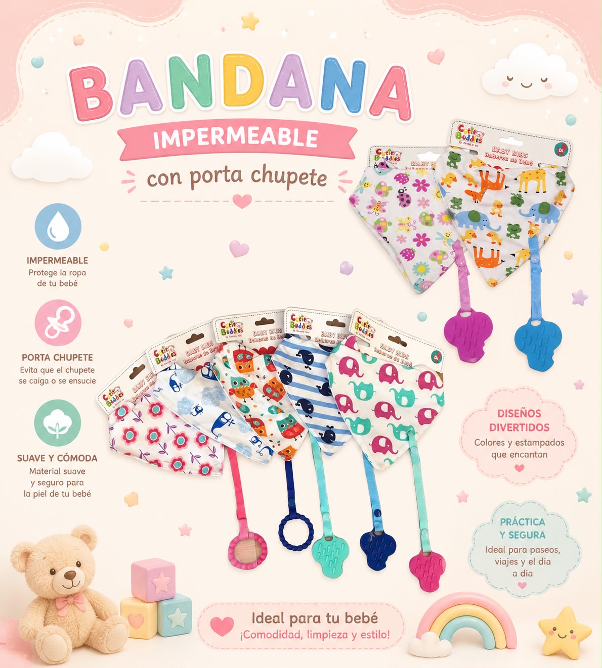 Set 3 baberos con porta chupete