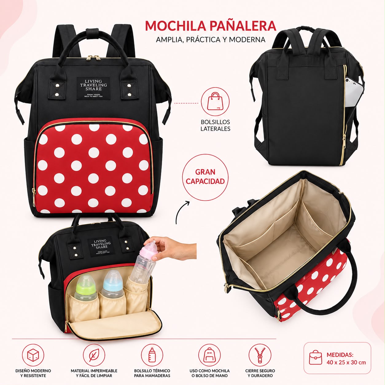 Mochila maternal Disney rojo puntos
