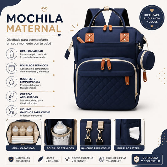 Mochila maternal + puerto USB y monedero color azul marino