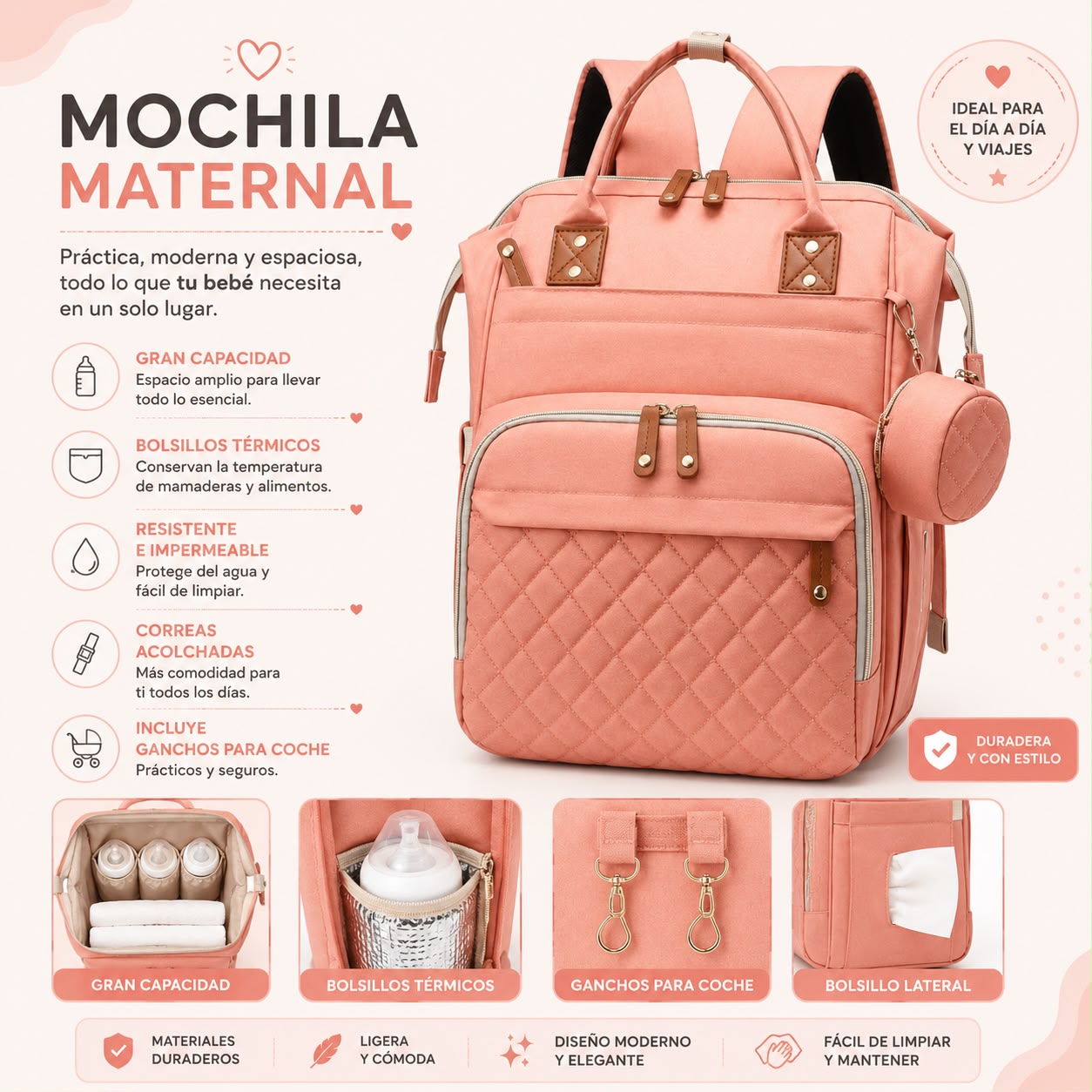 Mochila maternal + puerto USB y monedero color Damasco