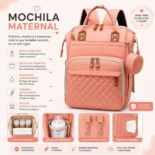 Mochila maternal + puerto USB y monedero color Damasco
