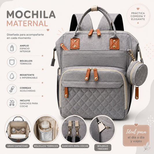 Mochila maternal + puerto USB y monedero color gris