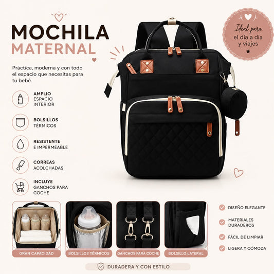 Mochila maternal + puerto USB y monedero color negro