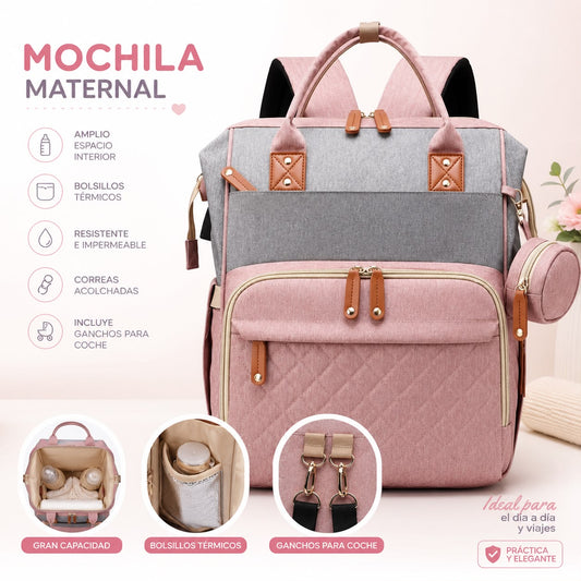 Mochila maternal + puerto USB y monedero color rosa