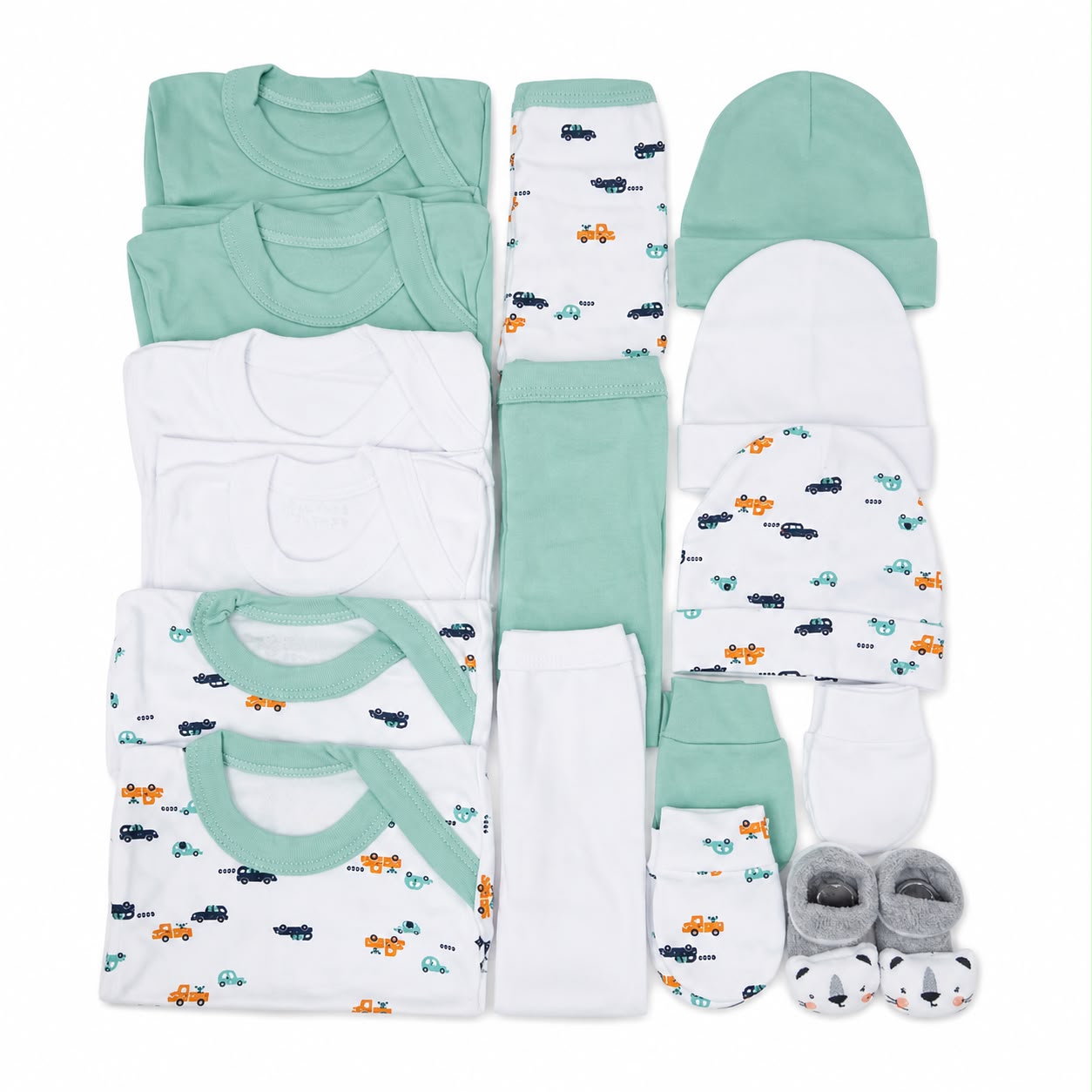 Set Ajuar Nacimiento Bebé Algodón Hipoalergenico Autitos verde agua