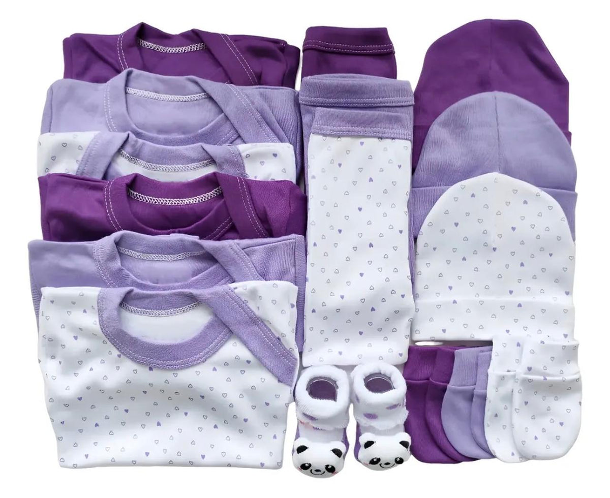 Set Ajuar Nacimiento Bebé Algodón Hipoalergenico corazon lila