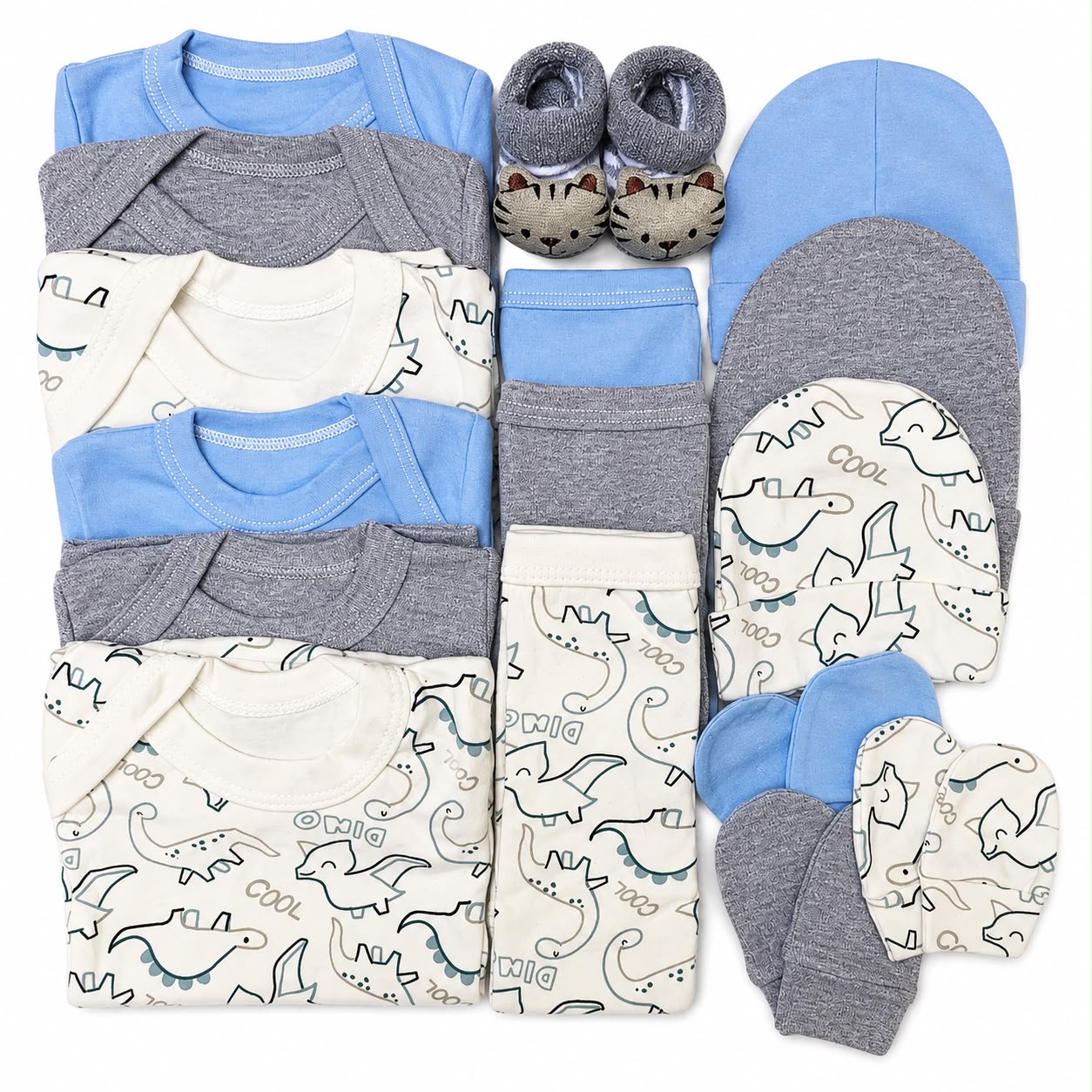 Set Ajuar Nacimiento Bebé Algodón Hipoalergenico dinosaurios celeste