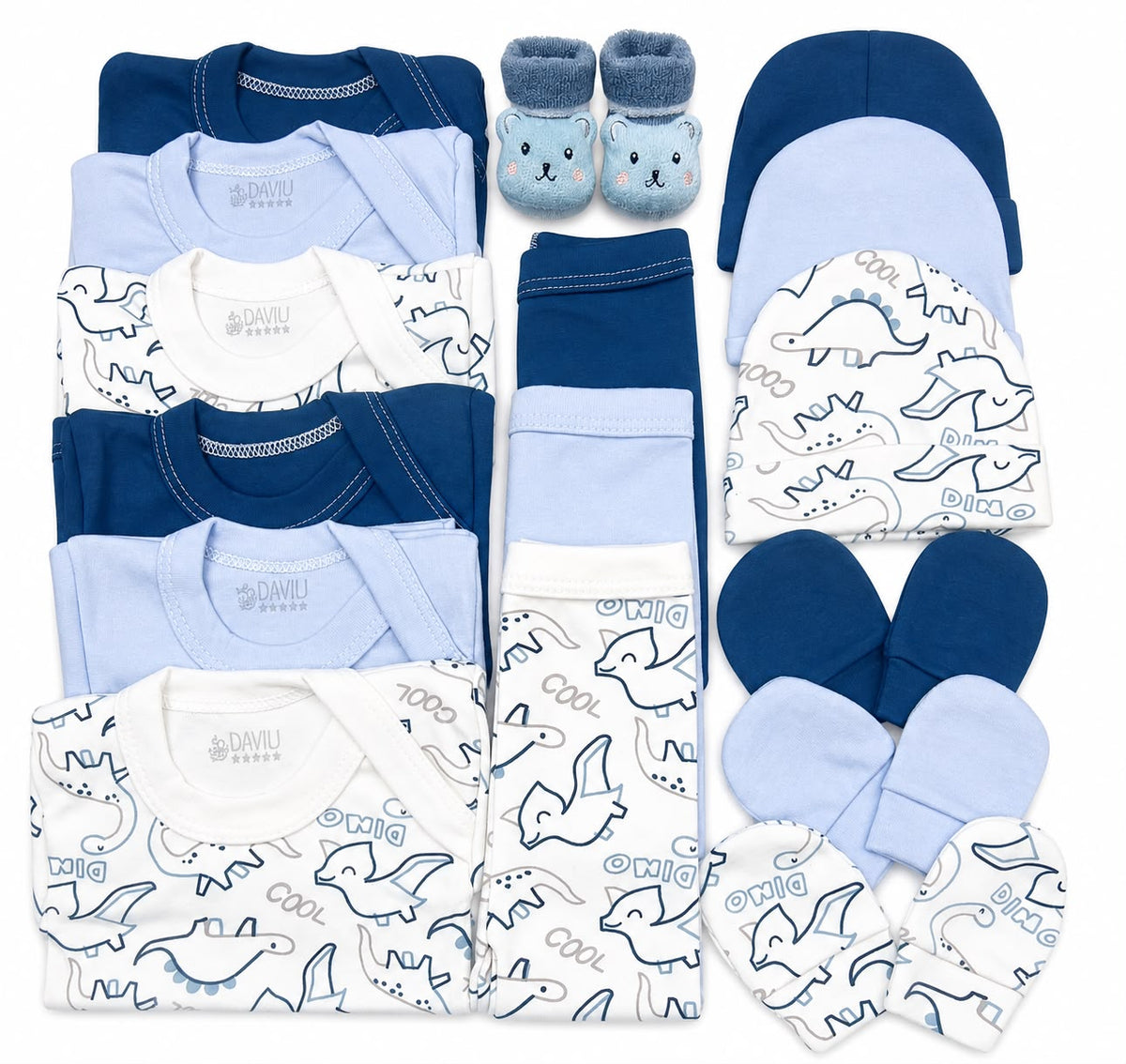 Set Ajuar Nacimiento Bebé Algodón Hipoalergenico Dinosaurio azul