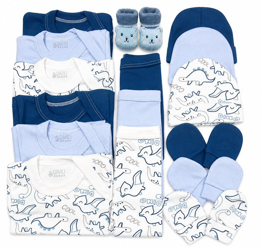 Set Ajuar Nacimiento Bebé Algodón Hipoalergenico Dinosaurio azul