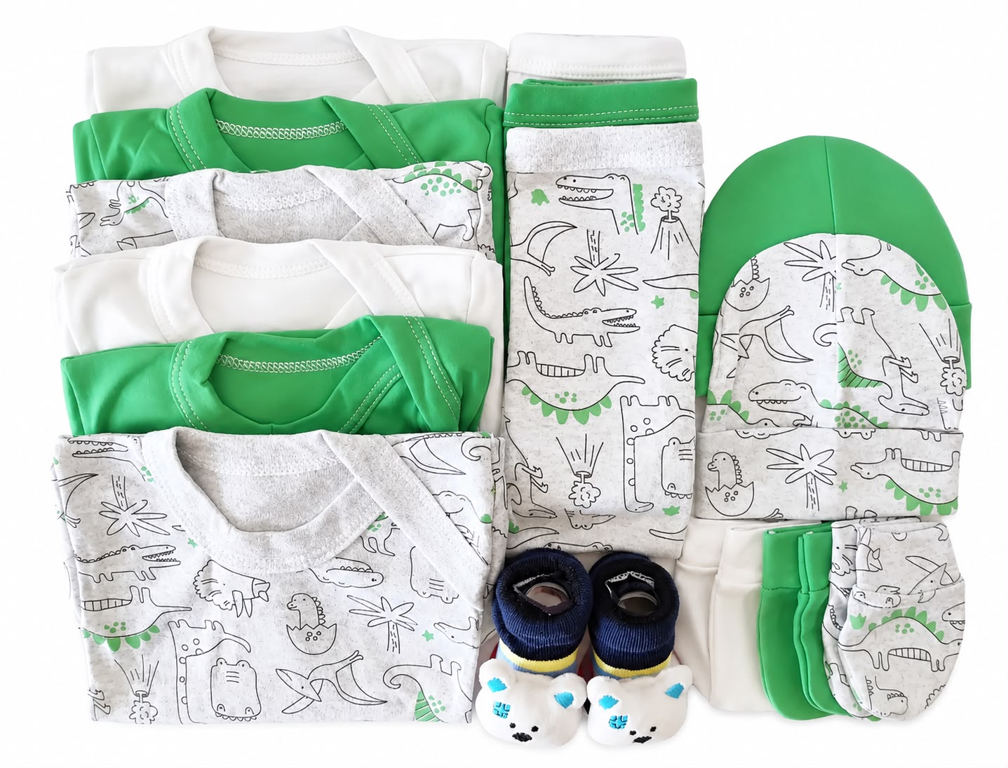 Set Ajuar Nacimiento Bebé Algodón Hipoalergenico Dinosaurio verde