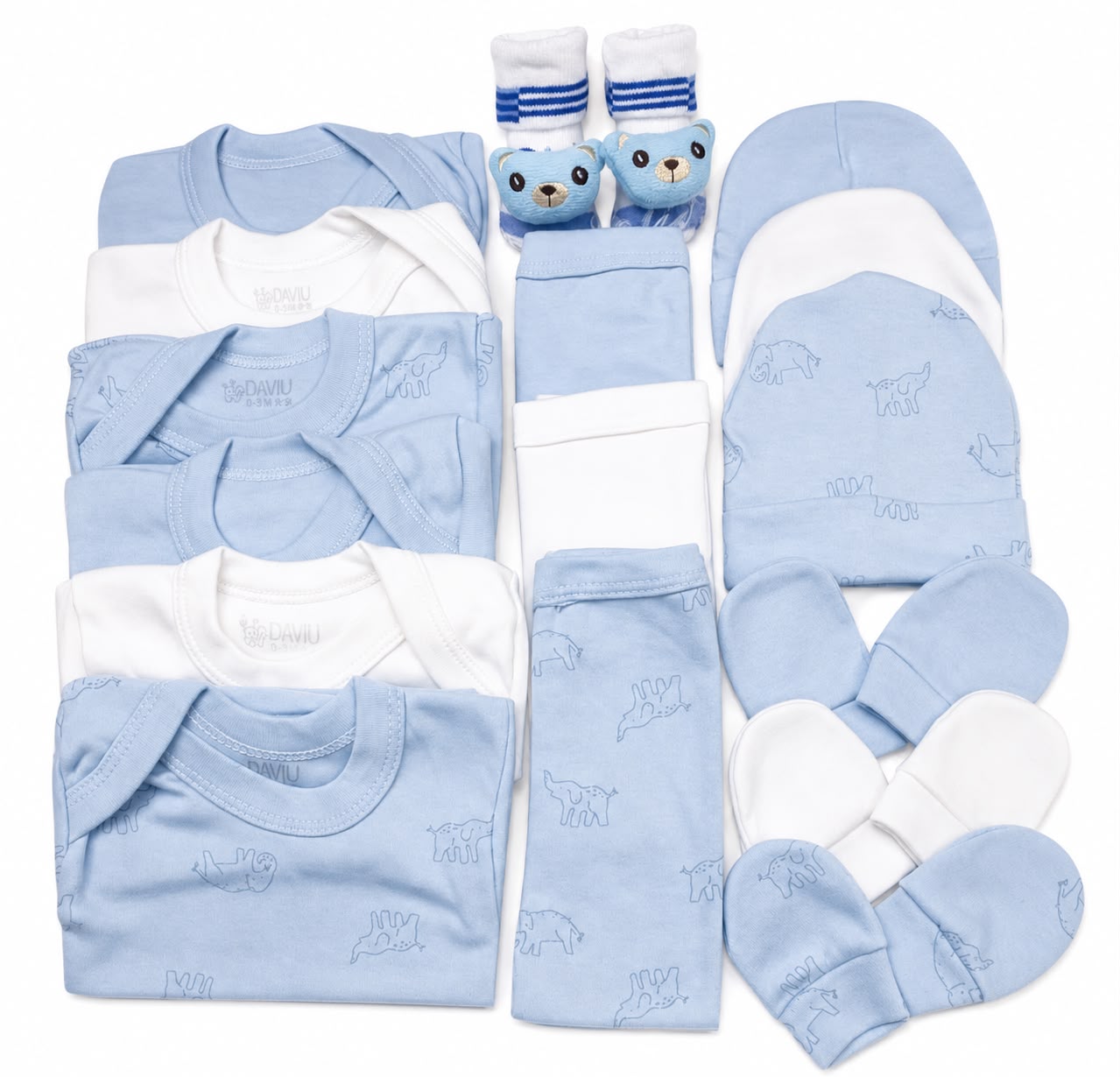 Set Ajuar Nacimiento Bebé Algodón Hipoalergenico Elefante celeste