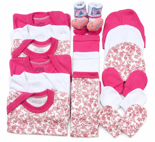 Set Ajuar Nacimiento Bebé Algodón Hipoalergenico flor Fucsia