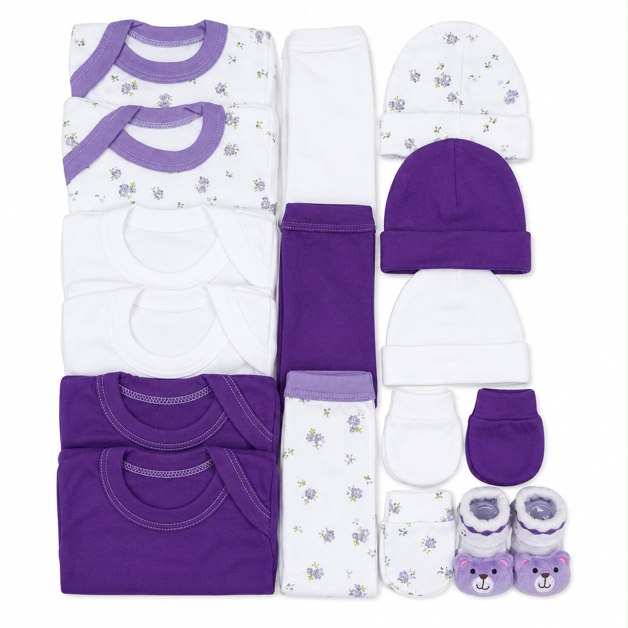 Set Ajuar Nacimiento Bebé Algodón Hipoalergenico Flor morado