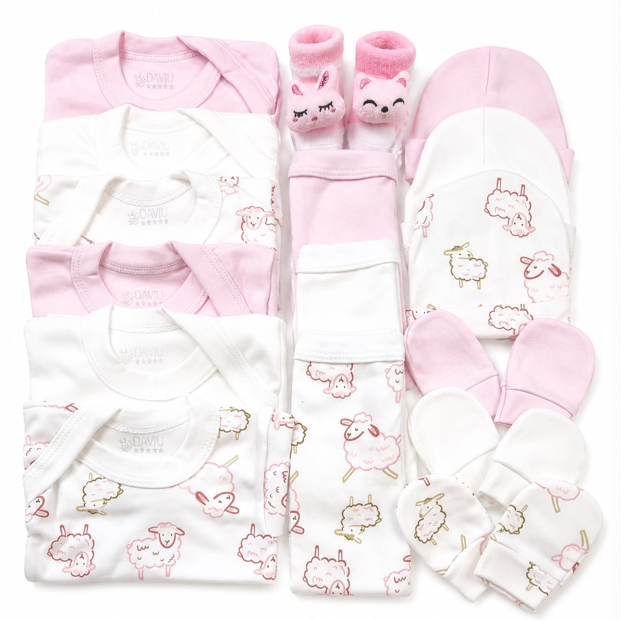 Set Ajuar Nacimiento Bebé Algodón Hipoalergenico oveja rosa