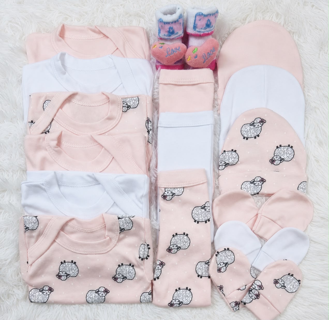 Set Ajuar Nacimiento Bebé Algodón Hipoalergenico oveja rosa bebe
