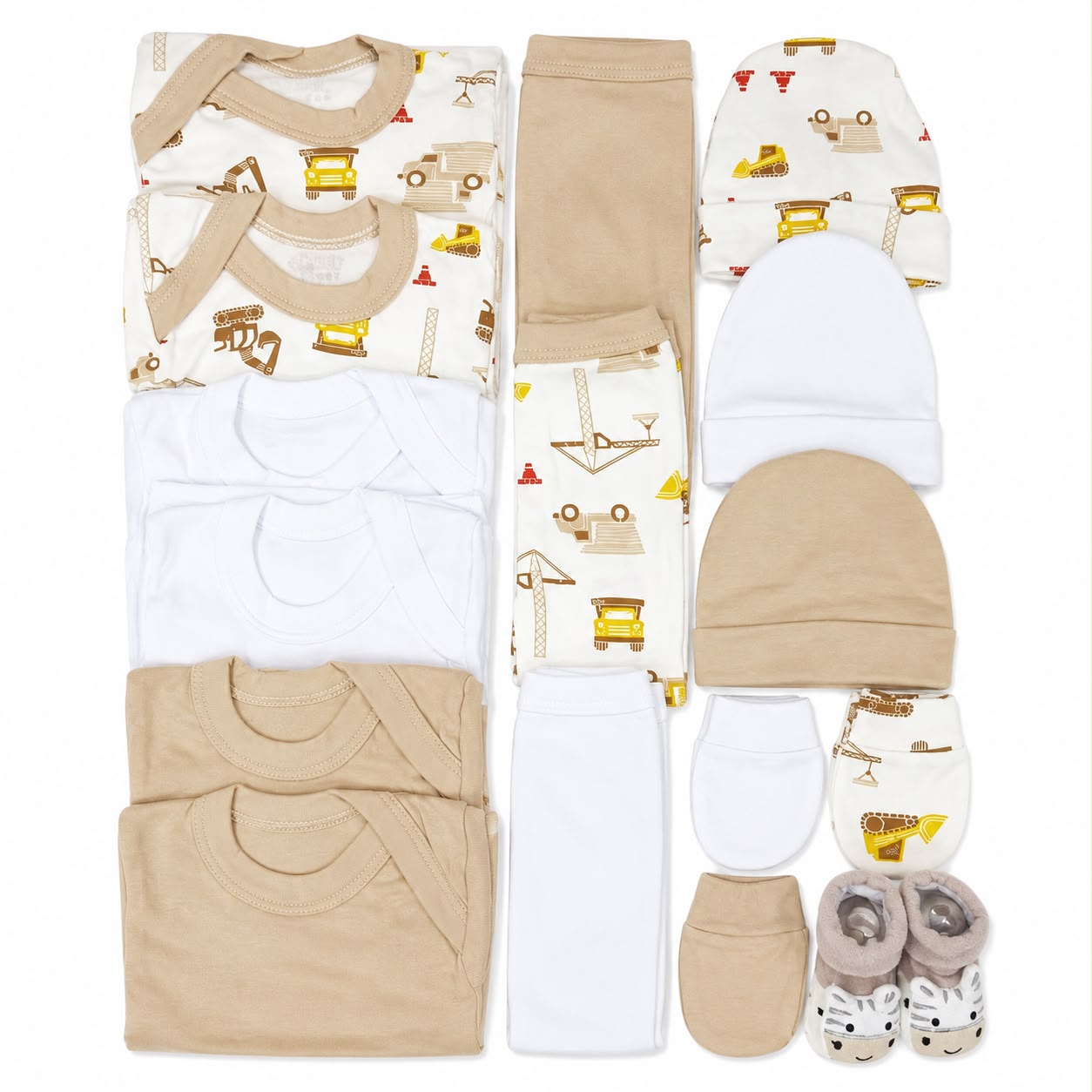 Set Ajuar Nacimiento Bebé Algodón Hipoalergenico Tractor beige